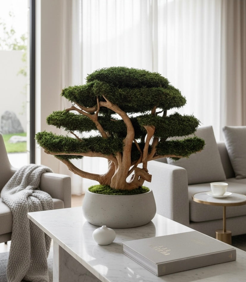 Large bonsai tree with preserved moss and driftwood in handmade concrete pot.