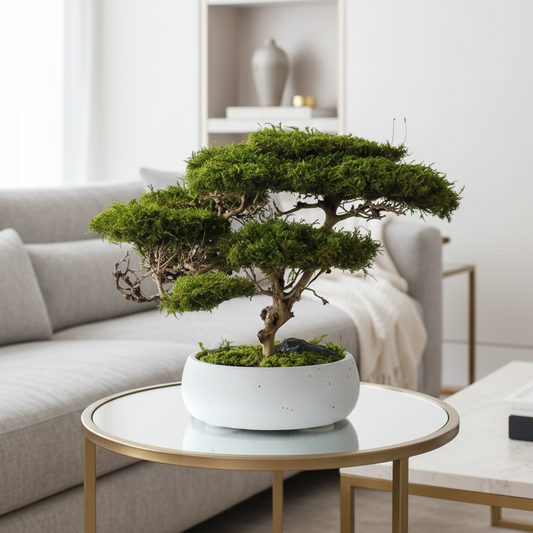 Preserved moss bonsai tree with natural roots in concrete pot.