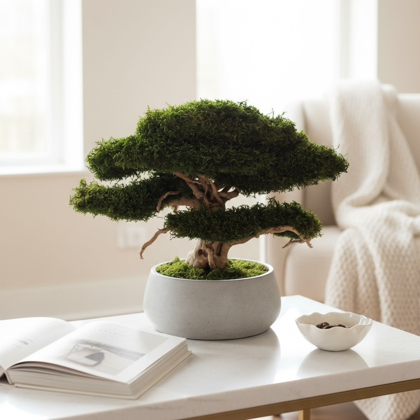 Large preserved moss bonsai tree in a concrete pot, natural green home decor, maintenance free indoor plant alternative, zen style decoration for living room or office.