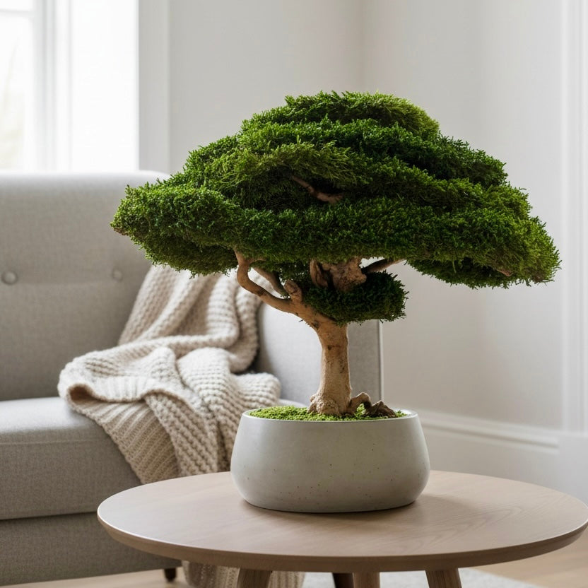 Extra large preserved moss bonsai tree in a concrete pot, statement green home decor, maintenance free indoor plant alternative, zen inspired centerpiece for modern living room, office or entryway.