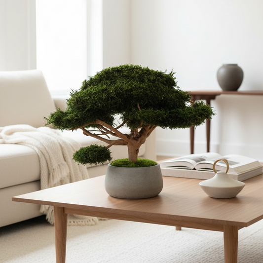 Large bonsai tree mądre from preserved long moss and driftwood placed in handmade concrete pot.