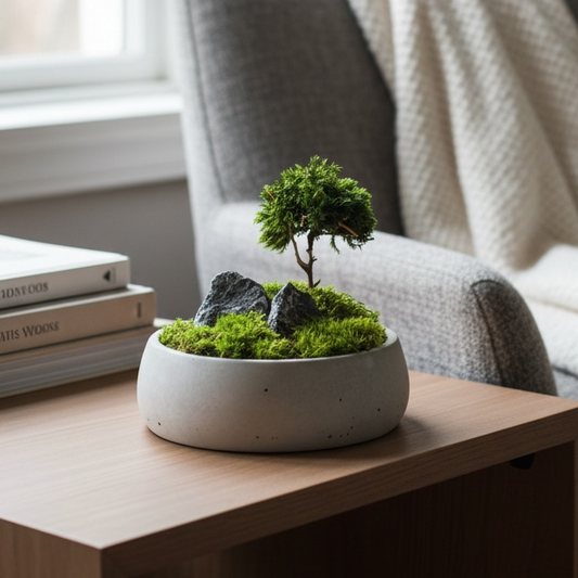 Mini zen garden, concrete bowl with mood moss, stones and small tree.