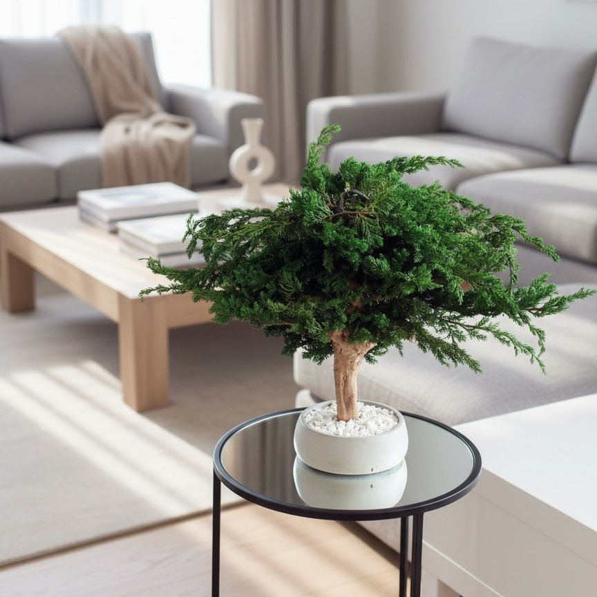 Preserved juniper bonsai tree with natural roots and white pebbles in a concrete pot, styled as minimalist decor for a console, shelf or sideboard.
