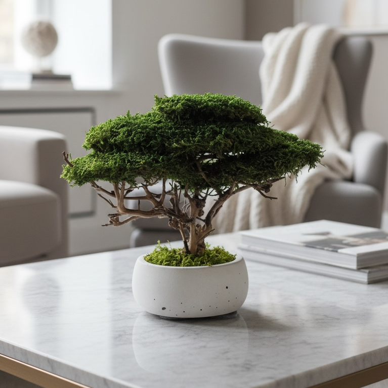 Small bonsai tree with moss and roots in concrete pot.