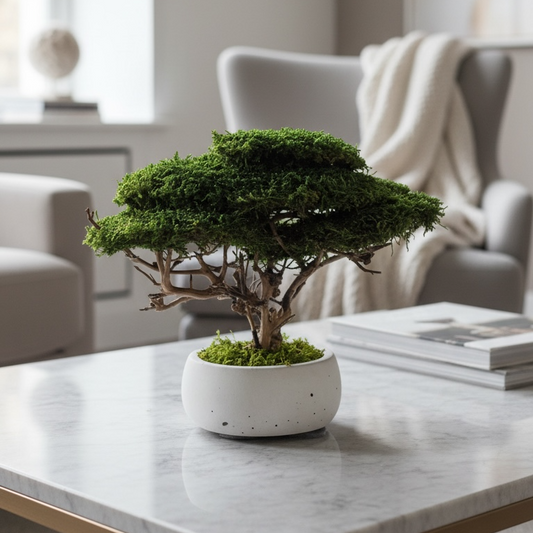 Small bonsai tree with moss and roots in concrete pot.