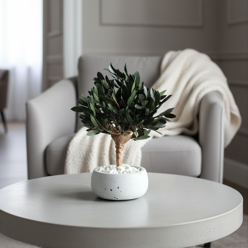 Small preserved olive tree bonsai in a concrete pot, made with real stabilized greenery. Natural minimalist decor for shelf, desk or coffee table, inspired by Mediterranean interiors.