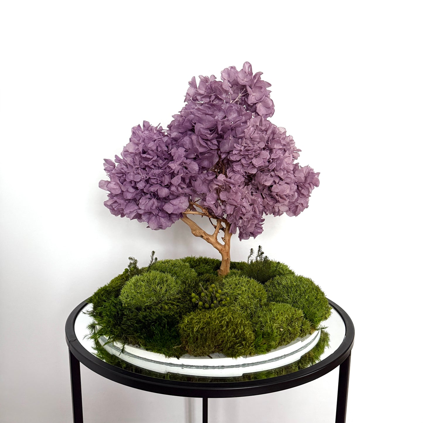 Flowering bonsai zen garden with lavender hydrangea canopy and layered moss landscape on a round white base, styled as Japandi console decor.