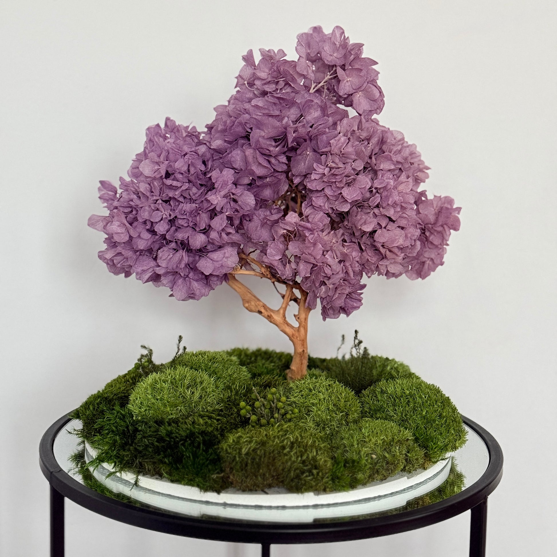 Flowering bonsai zen garden with lavender hydrangea canopy and layered moss landscape on a round white base, styled as Japandi console decor.