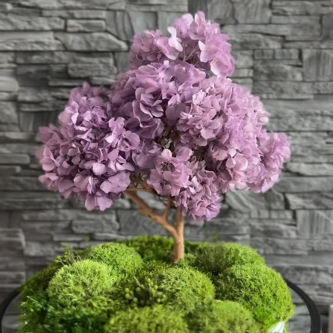Wisteria bonsai zen garden with lavender hydrangea canopy and layered moss landscape on a round white base, styled as Japandi console decor.